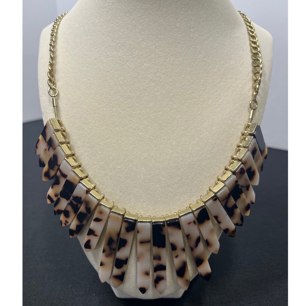 BaubleBar Tortoise Shell Resin Spike Statement Fringe Necklace Gold Tone Bib